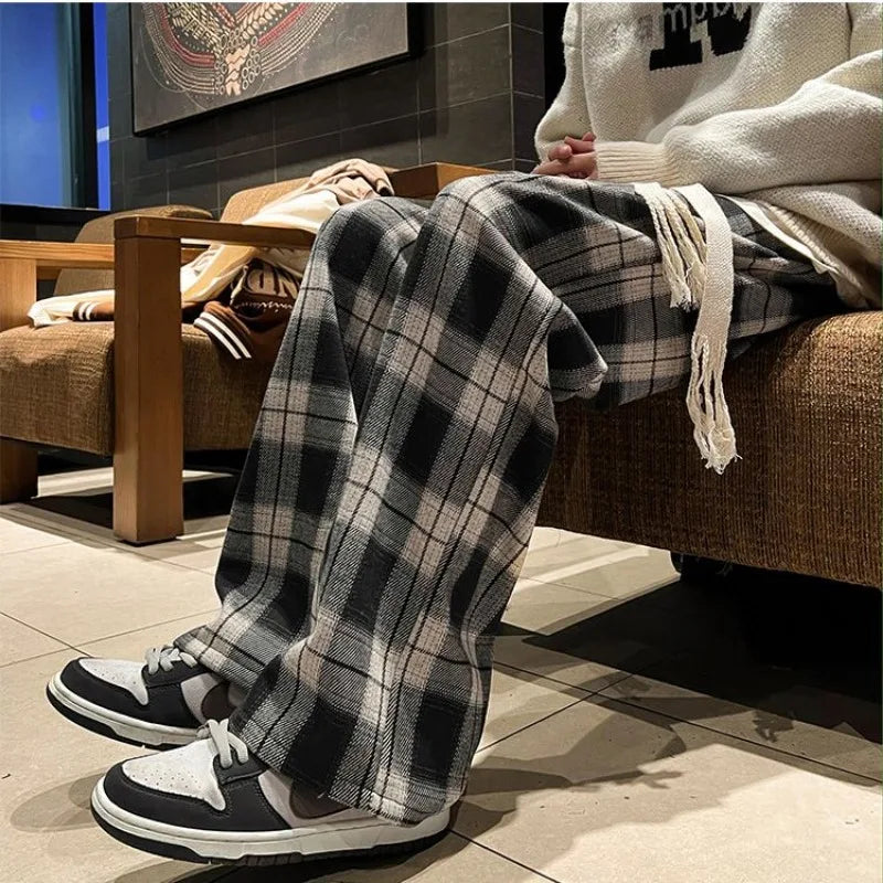 Men Winter Retro Plaid Wide Leg Trousers