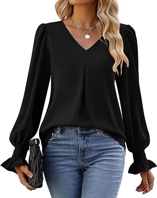 Women's New Solid Color Chiffon Shirt V-neck Pullover Flared Long Sleeved Top Shirt Office Lady Elegant Khaki Loose Blouses