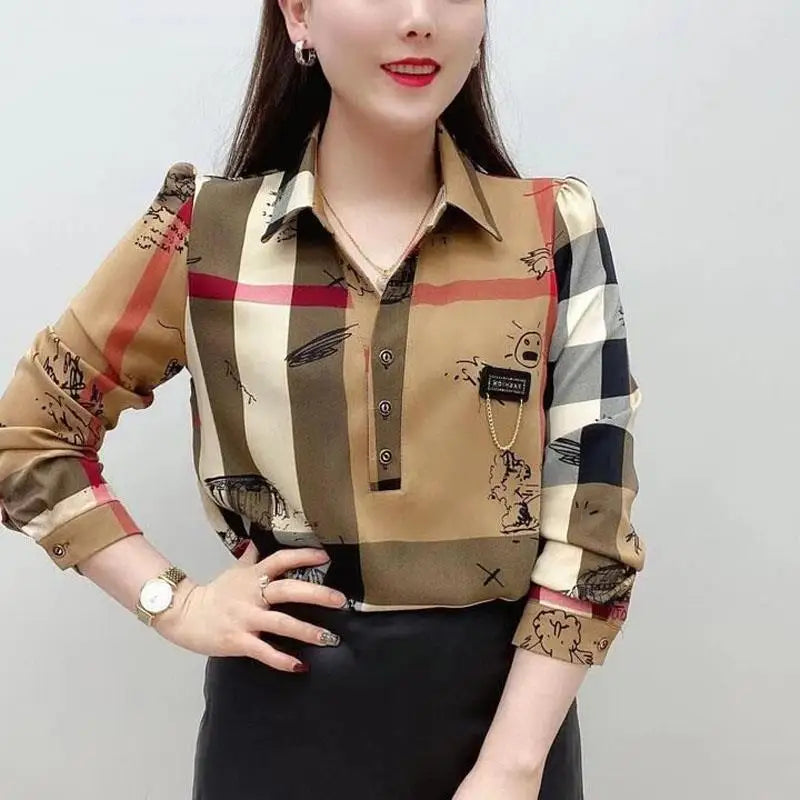 Female All-match Vintage Plaid Printed Shirt Fashion Button Casual Polo-Neck Pullovers Blouse Spring Autumn Women's Clothing