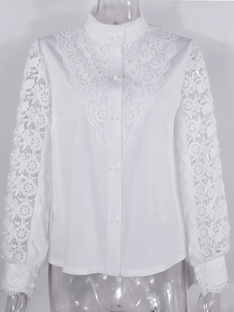 Shirts Elegant Office Ladies White Collared Lace Patchwork Hollow Out Button Up Womens Tops And Blouses 2024 Fashion New Blouse