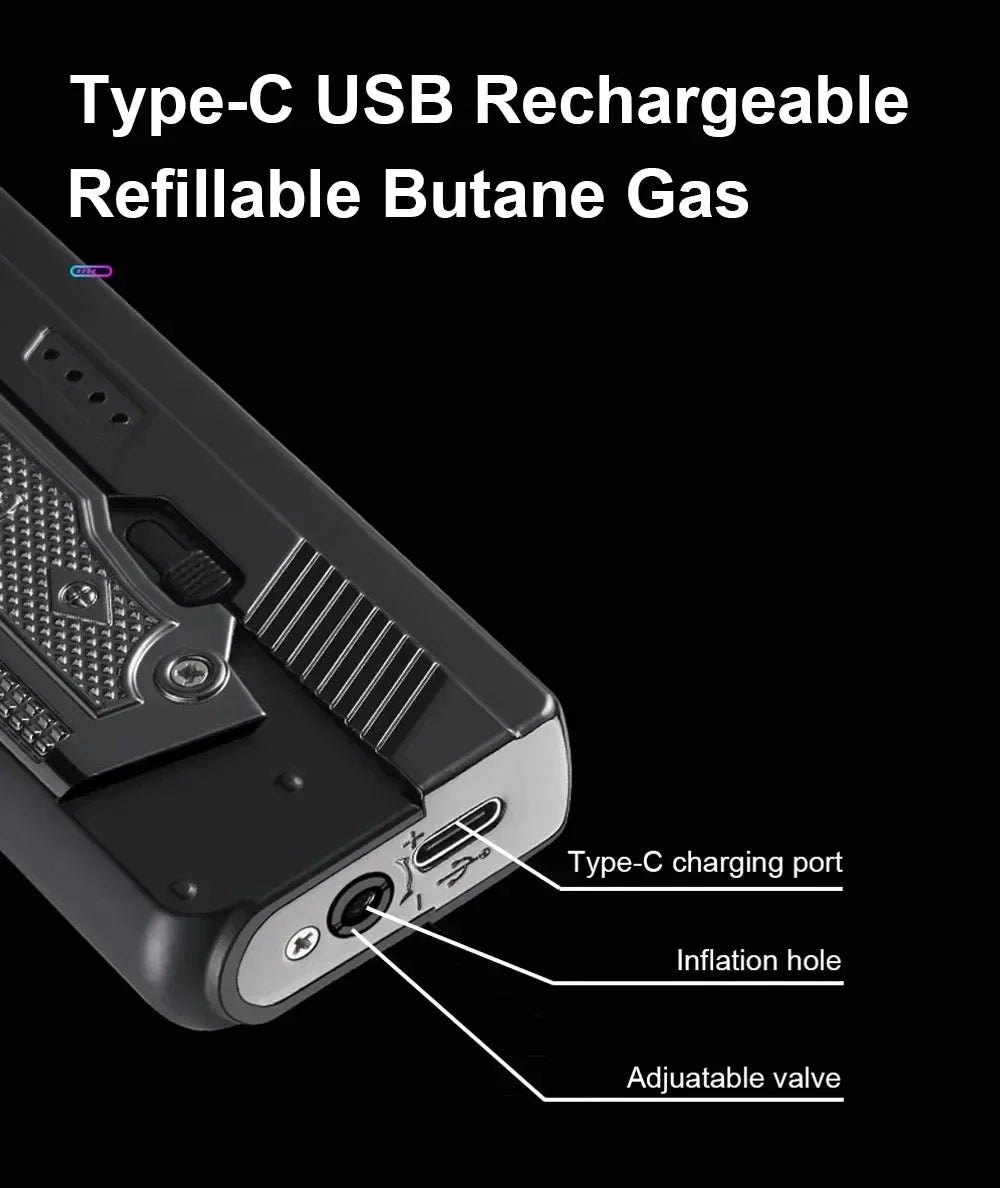 New Gas Electric Dual Flame Lighter Foldable Pistol Shaped Butane USB Lighter Cool Smoking Cigar Tool Birthday Gift