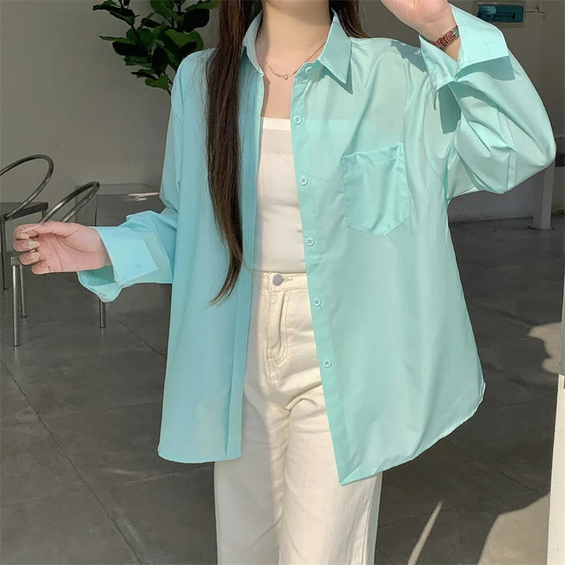 Beiyingni 2024 Spring Autumn Women Shirts White Plain Loose Oversized Blouses Female Tops Loose BF Korean Style Blusas Pockets