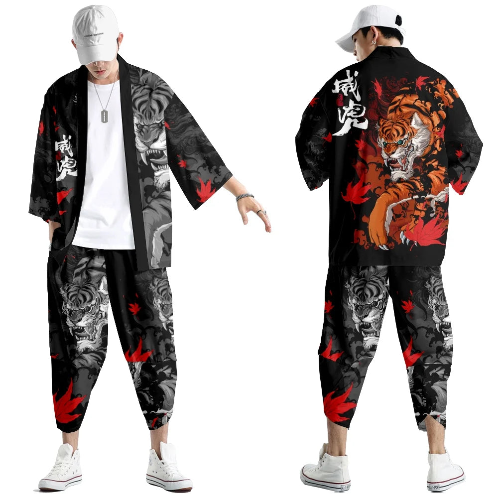 Harajuku Tops Robe Fashion Asian Clothes Anime Demon Print Kimono + Pants Japanese Streetwear Men Women Cardigan Cosplay Haori