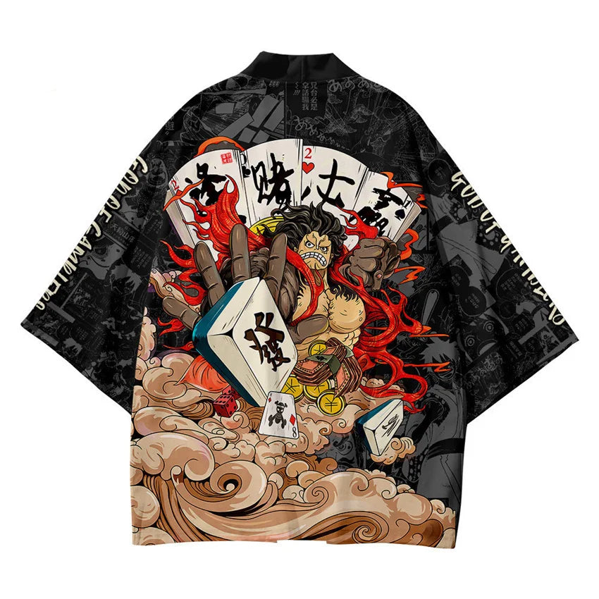 Harajuku Tops Robe Fashion Asian Clothes Anime Demon Print Kimono + Pants Japanese Streetwear Men Women Cardigan Cosplay Haori