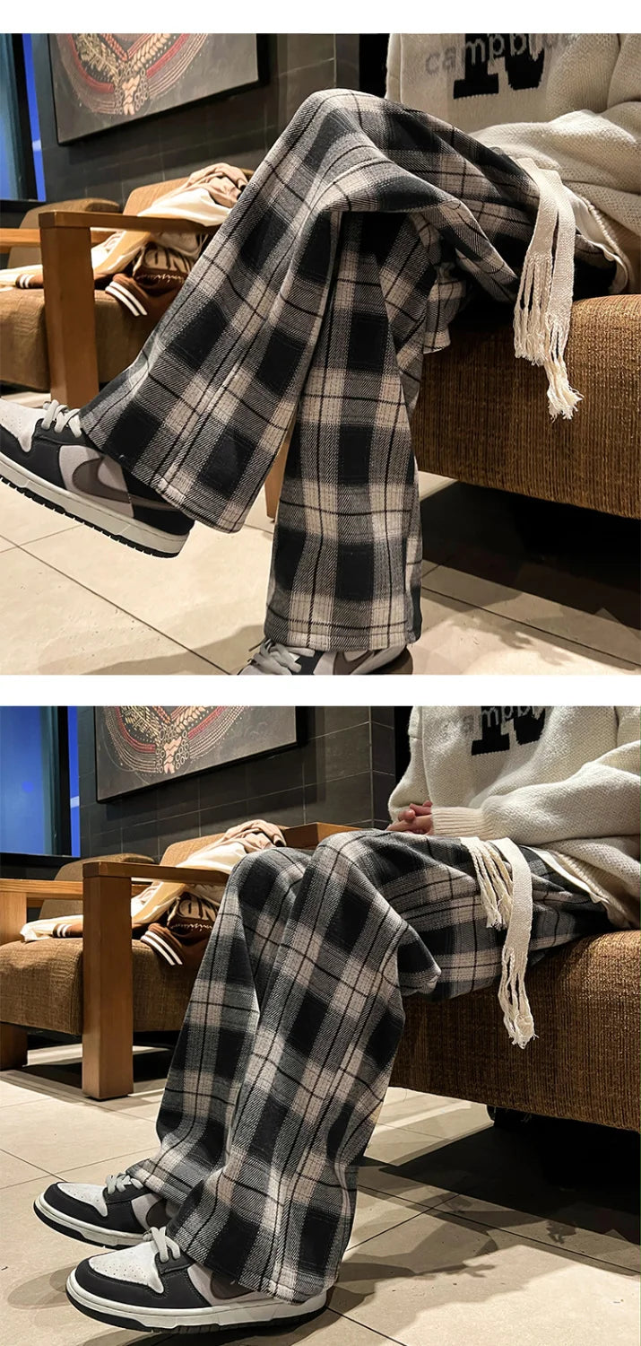 Men Winter Retro Plaid Wide Leg Trousers