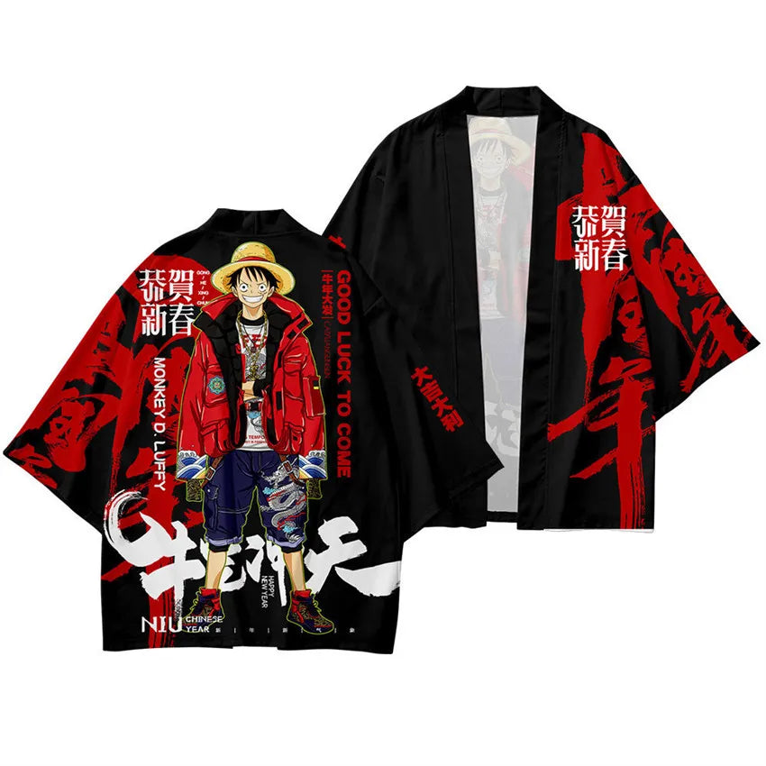 Harajuku Tops Robe Fashion Asian Clothes Anime Demon Print Kimono + Pants Japanese Streetwear Men Women Cardigan Cosplay Haori