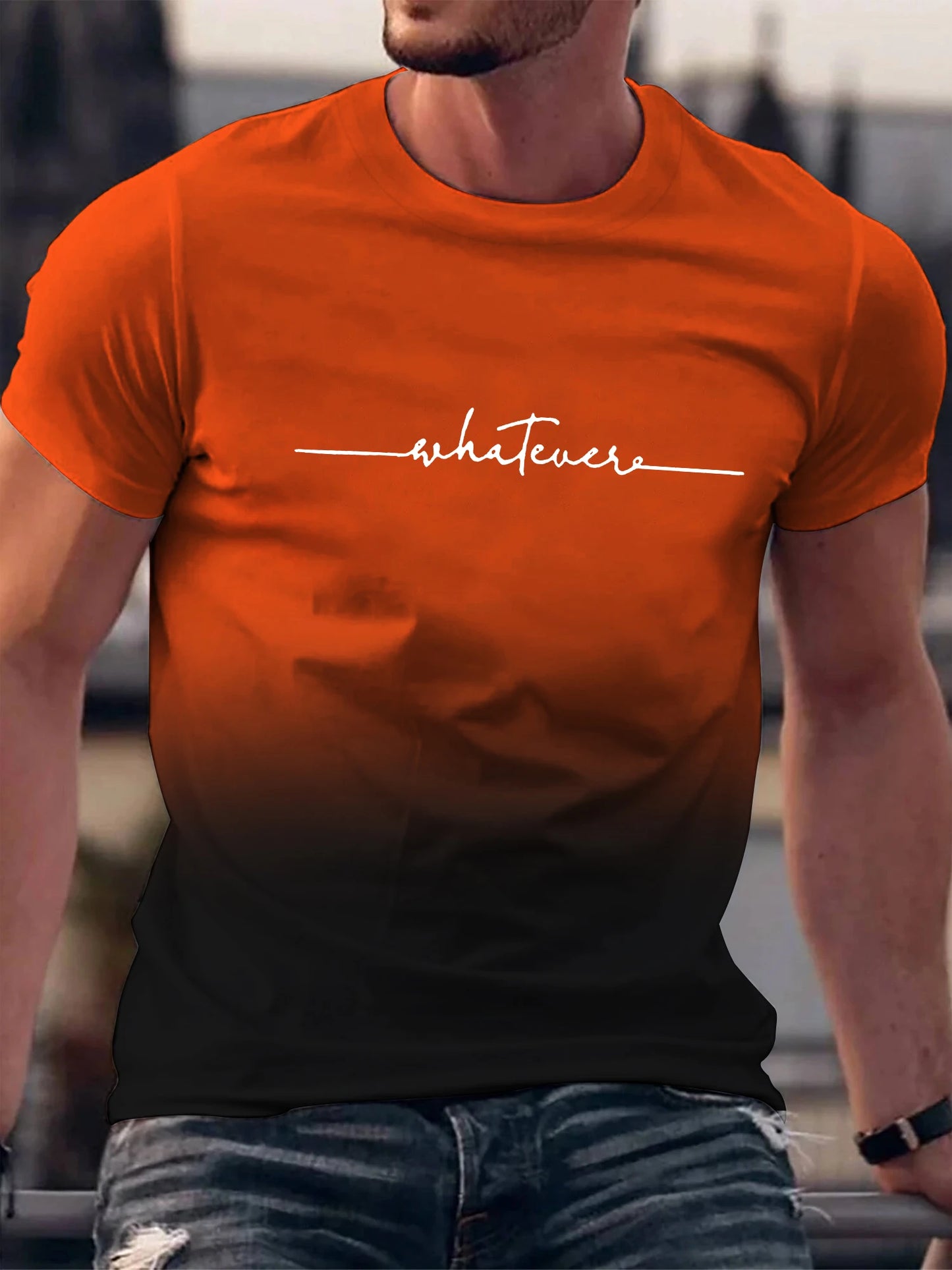 Summer Outing Whatever Print Gradient Crew Neck T-shirt For Men Trendy Casual Short Sleeve Top Men's Tee ropa de hombre