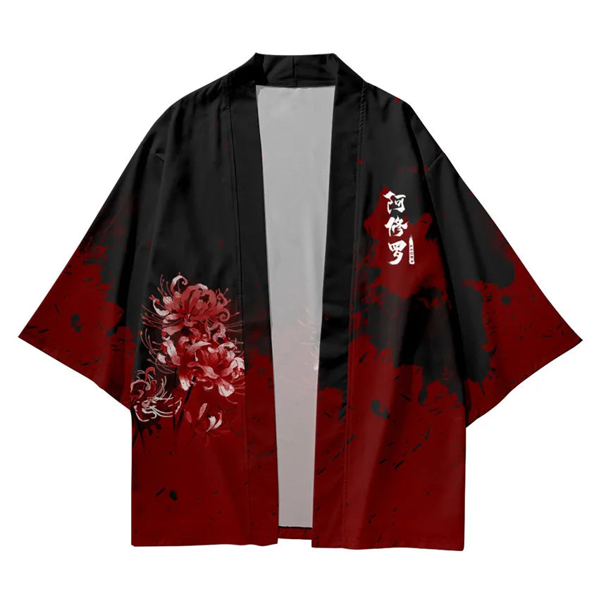 Harajuku Tops Robe Fashion Asian Clothes Anime Demon Print Kimono + Pants Japanese Streetwear Men Women Cardigan Cosplay Haori