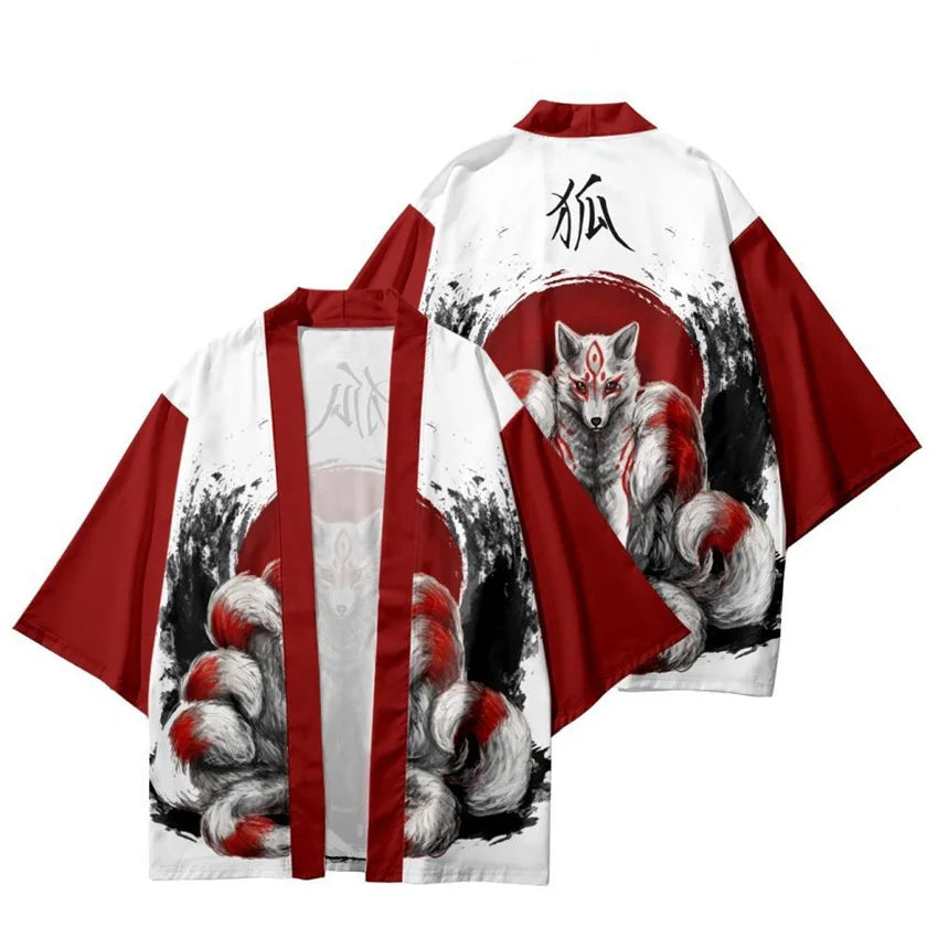 Harajuku Tops Robe Fashion Asian Clothes Anime Demon Print Kimono + Pants Japanese Streetwear Men Women Cardigan Cosplay Haori