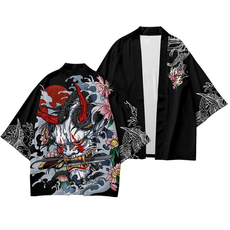 Harajuku Tops Robe Fashion Asian Clothes Anime Demon Print Kimono + Pants Japanese Streetwear Men Women Cardigan Cosplay Haori