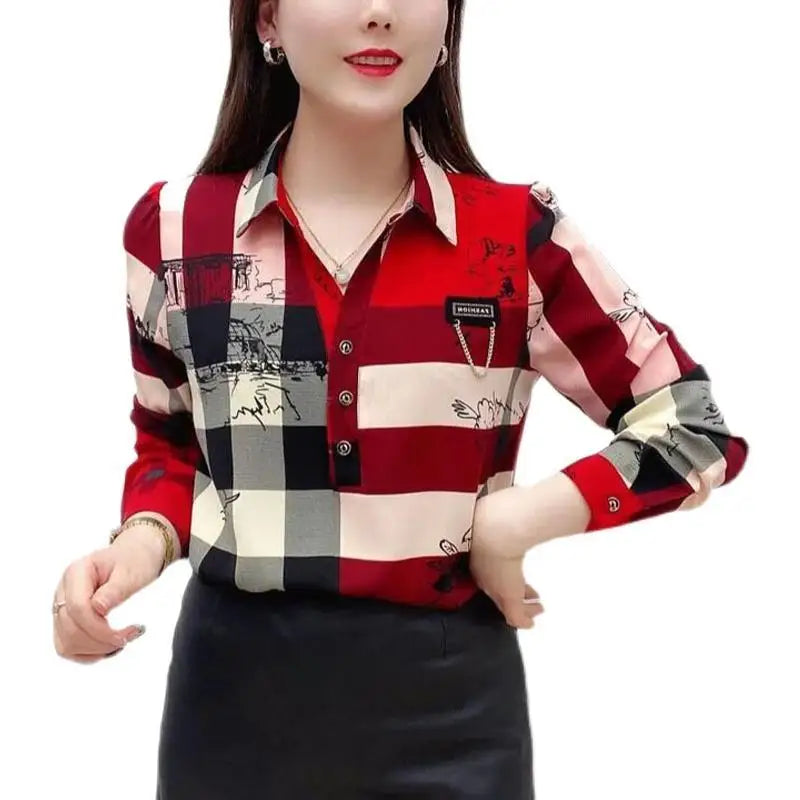 Female All-match Vintage Plaid Printed Shirt Fashion Button Casual Polo-Neck Pullovers Blouse Spring Autumn Women's Clothing