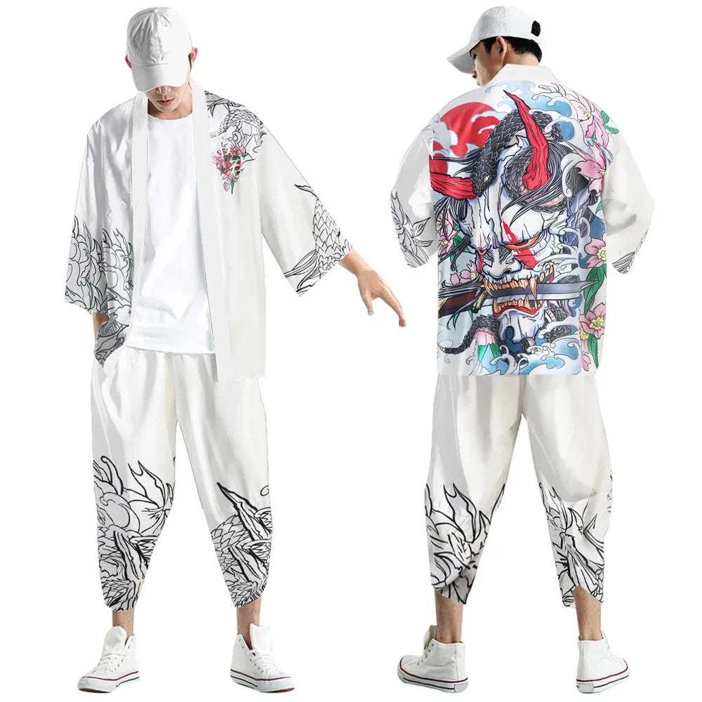 Harajuku Tops Robe Fashion Asian Clothes Anime Demon Print Kimono + Pants Japanese Streetwear Men Women Cardigan Cosplay Haori