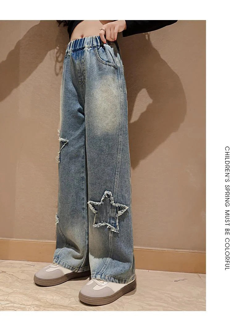 IENENS High Waist Jeans Girl Straight Loose Wide-leg Pants Spring and Autumn Korean Baggy Jeans Fashion Kids Denim Trousers