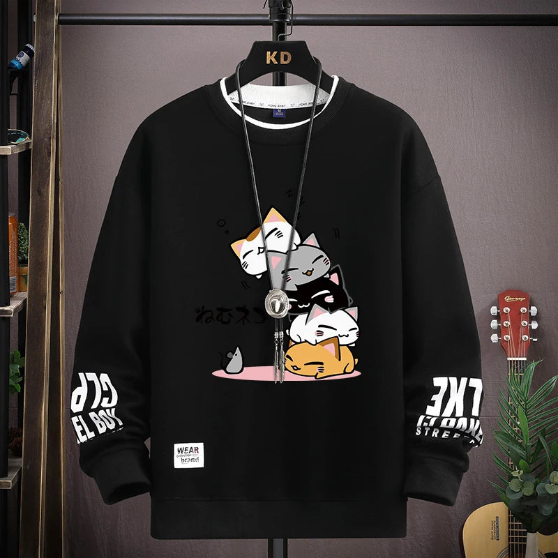 Spring Men's Sweatshirt Japan Cartoon Cats Printed Long Sleeve T-shirt Fashion Men's Clothing Khaki O Neck Harajuku Top 2024 New