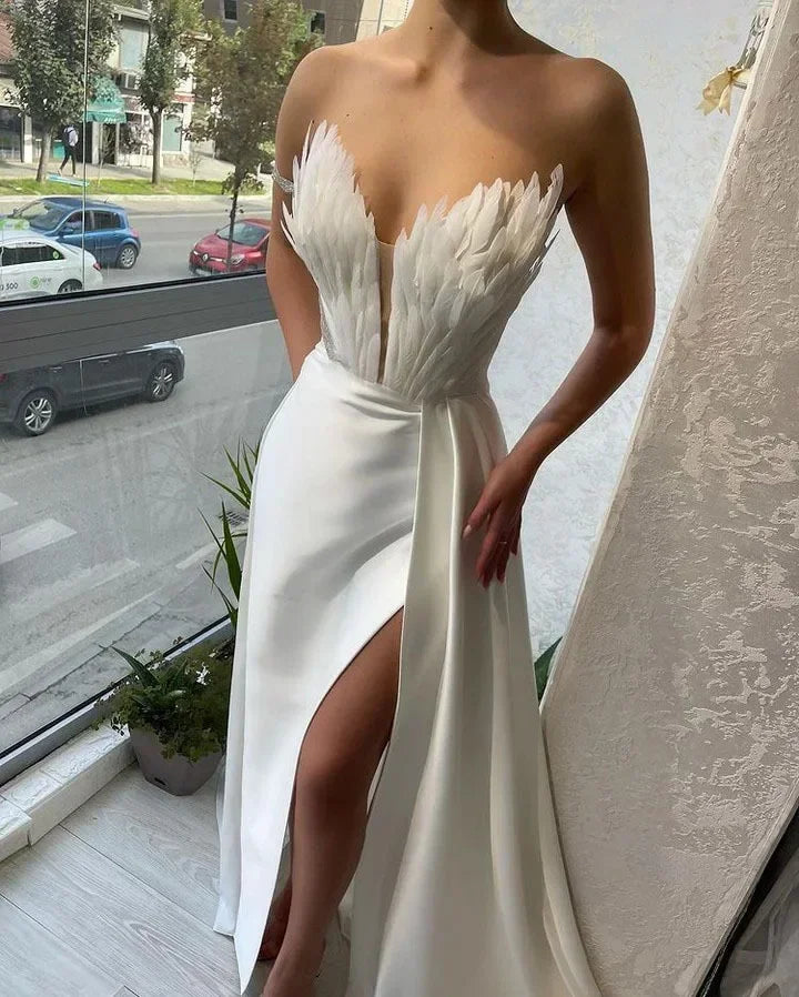 White Angel Feather Dress Luxury Design Women's Off Shoulder Elegant Long Dress Halloween Christmas Party Evening Wedding Dress