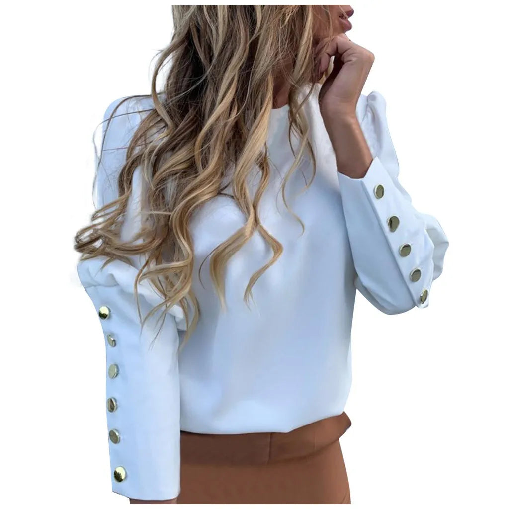 Fashion Women Metal Button Long Sleeve Shirts Ladies Casual O-Neck Solid Print Blouses 2024 Fall European All-Match Clothes