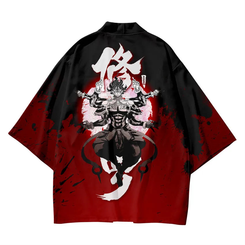 Harajuku Tops Robe Fashion Asian Clothes Anime Demon Print Kimono + Pants Japanese Streetwear Men Women Cardigan Cosplay Haori