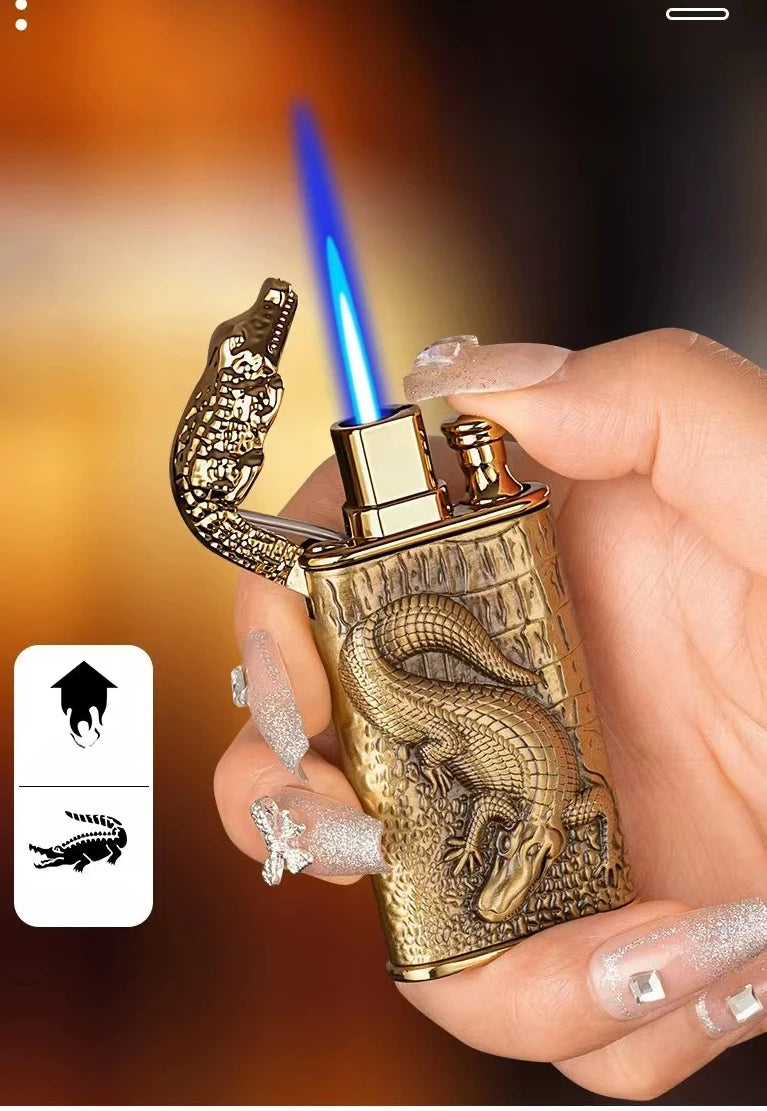 3D Embossed Dragon Crocodile Dual Fire Lighter Metal Windproof Jet Fire Open Flame Convertible Gas Lighter Smoking Men Gift