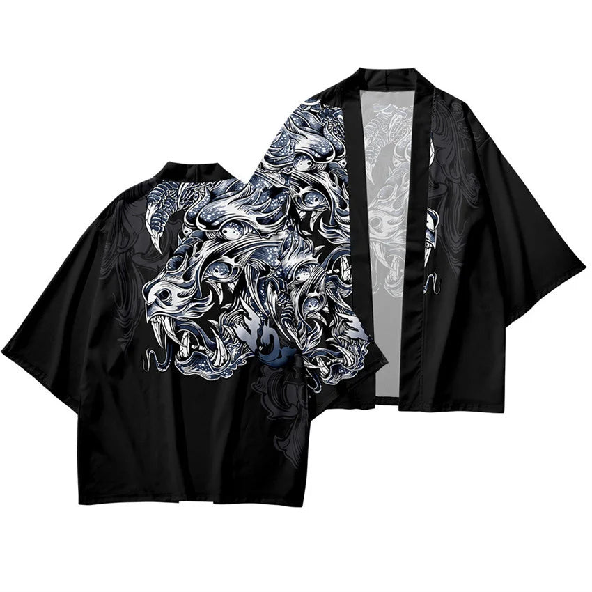 Harajuku Tops Robe Fashion Asian Clothes Anime Demon Print Kimono + Pants Japanese Streetwear Men Women Cardigan Cosplay Haori