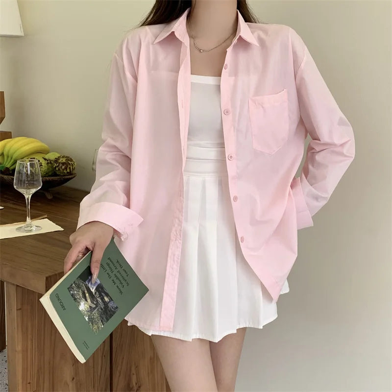 Beiyingni 2024 Spring Autumn Women Shirts White Plain Loose Oversized Blouses Female Tops Loose BF Korean Style Blusas Pockets