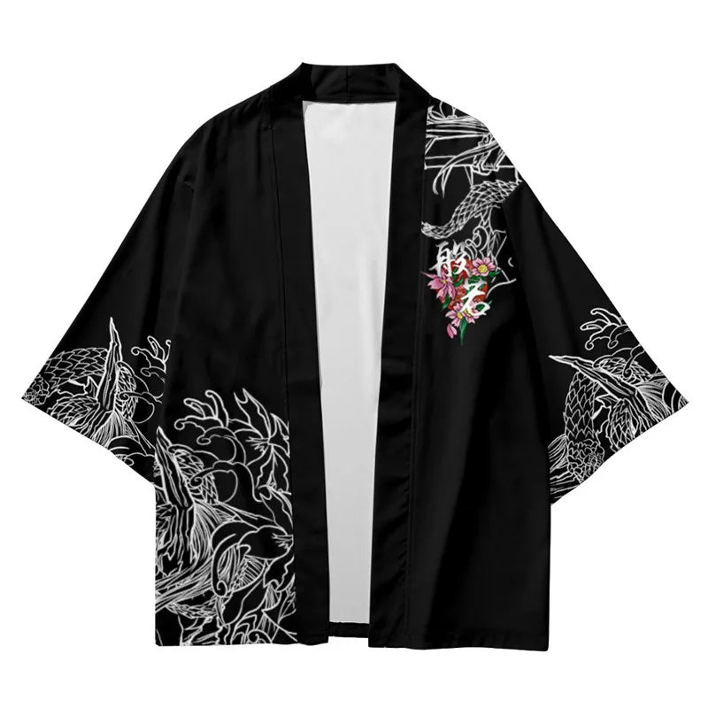 Harajuku Tops Robe Fashion Asian Clothes Anime Demon Print Kimono + Pants Japanese Streetwear Men Women Cardigan Cosplay Haori