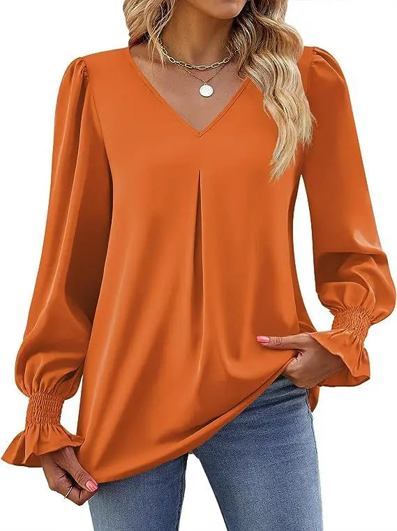 Women's New Solid Color Chiffon Shirt V-neck Pullover Flared Long Sleeved Top Shirt Office Lady Elegant Khaki Loose Blouses