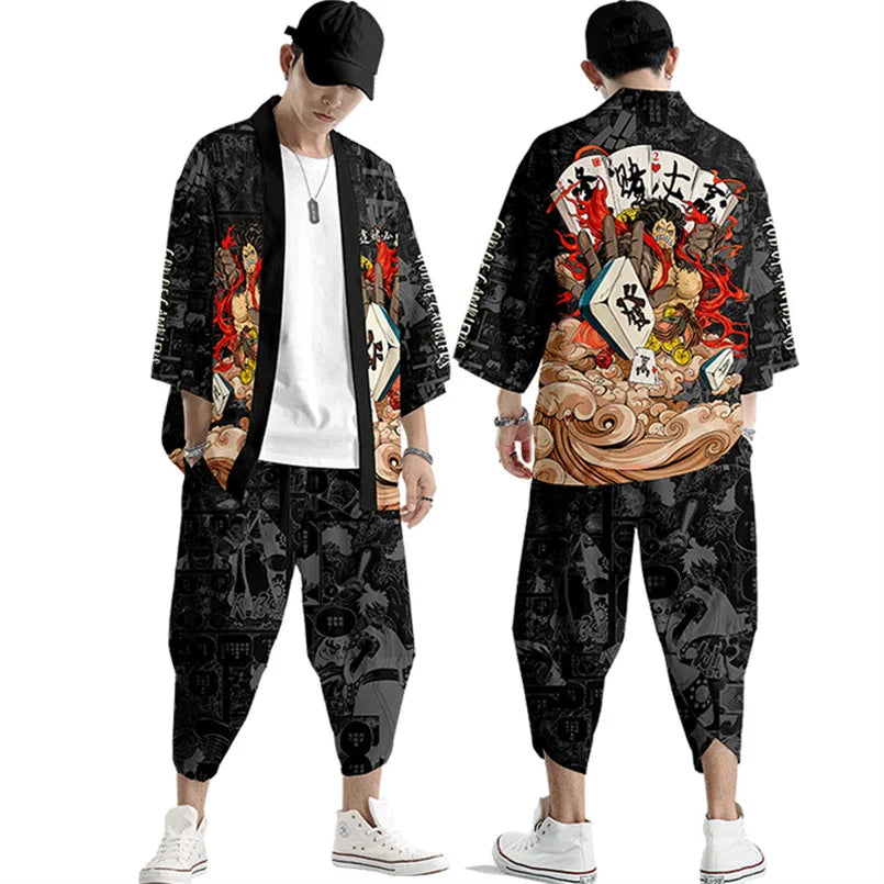 Harajuku Tops Robe Fashion Asian Clothes Anime Demon Print Kimono + Pants Japanese Streetwear Men Women Cardigan Cosplay Haori