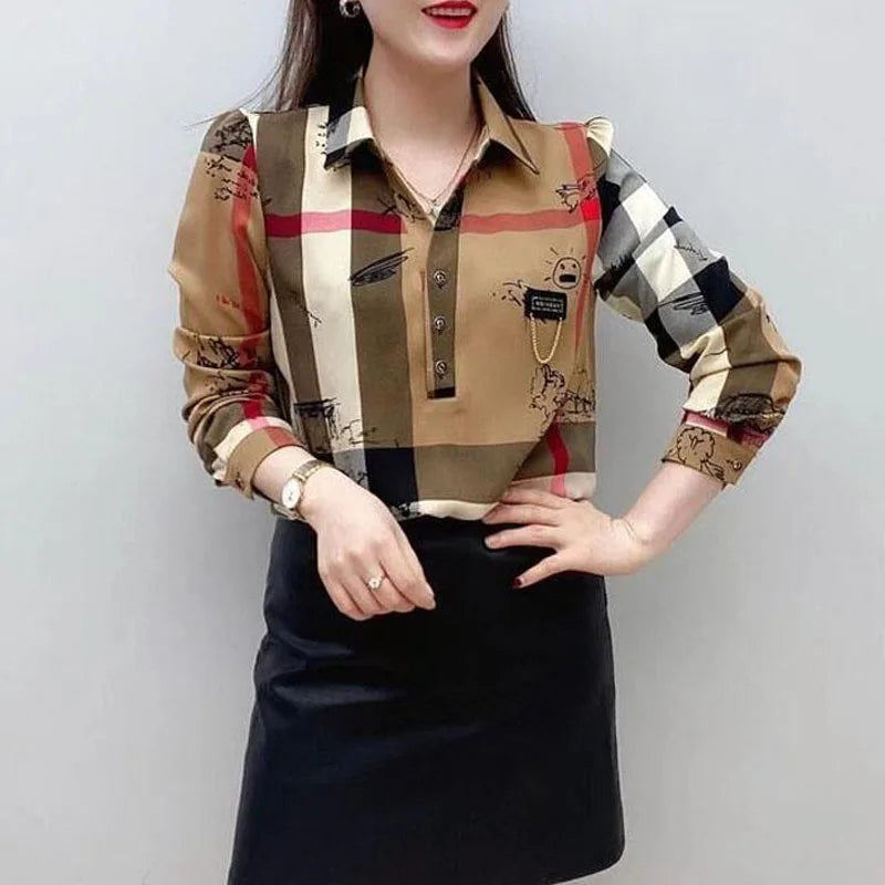 Female All-match Vintage Plaid Printed Shirt Fashion Button Casual Polo-Neck Pullovers Blouse Spring Autumn Women's Clothing