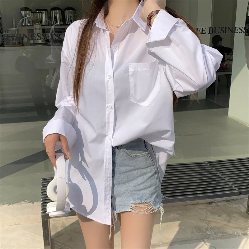 Beiyingni 2024 Spring Autumn Women Shirts White Plain Loose Oversized Blouses Female Tops Loose BF Korean Style Blusas Pockets