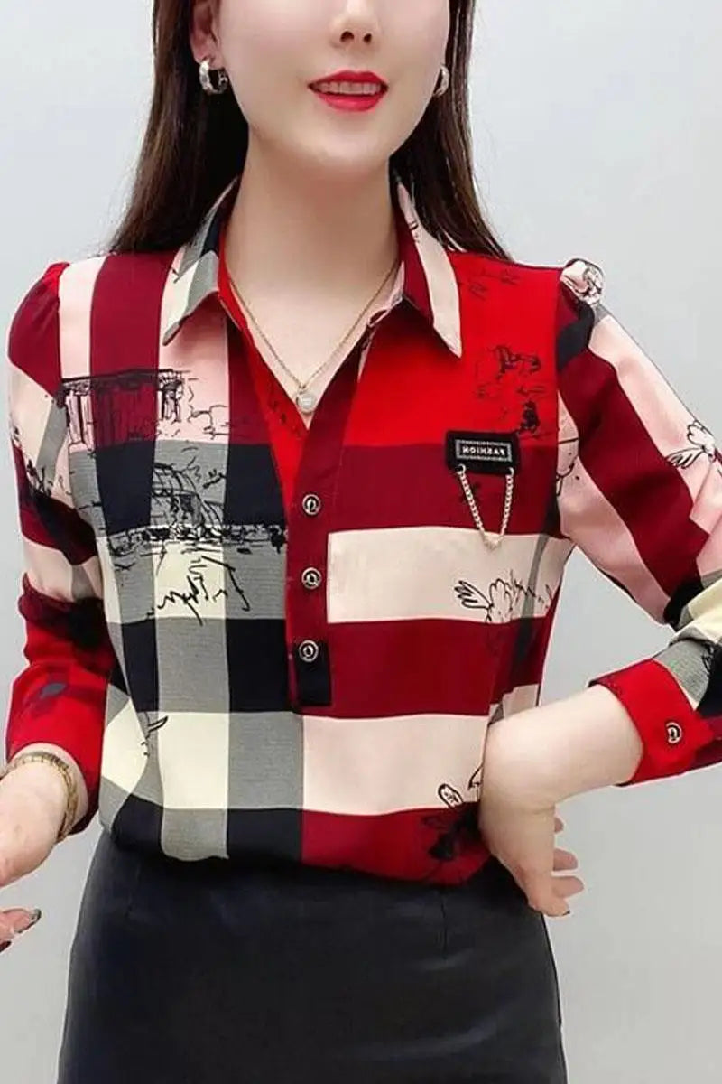 Female All-match Vintage Plaid Printed Shirt Fashion Button Casual Polo-Neck Pullovers Blouse Spring Autumn Women's Clothing