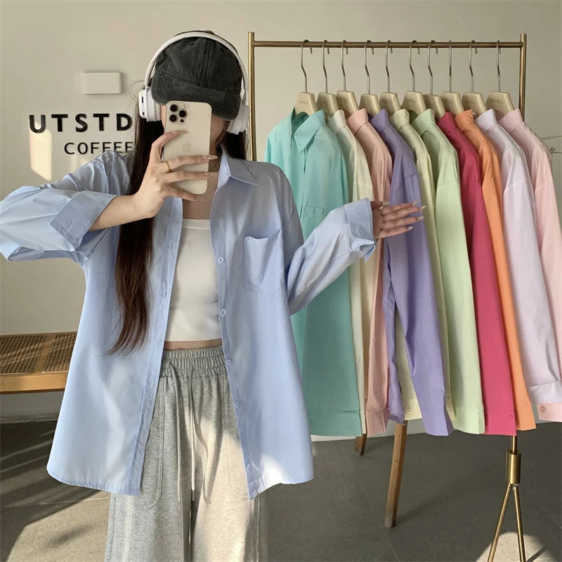 Beiyingni 2024 Spring Autumn Women Shirts White Plain Loose Oversized Blouses Female Tops Loose BF Korean Style Blusas Pockets