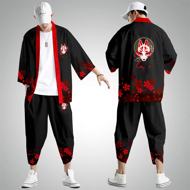 Harajuku Tops Robe Fashion Asian Clothes Anime Demon Print Kimono + Pants Japanese Streetwear Men Women Cardigan Cosplay Haori