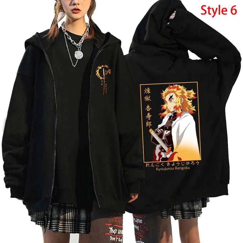 Hot Anime Rengoku Kyoujurou Printing Zipper Coat Clothes Fashion Y2k Loose Hoodie Men Women Sweatshirt Zipper Streetwear Hoodies