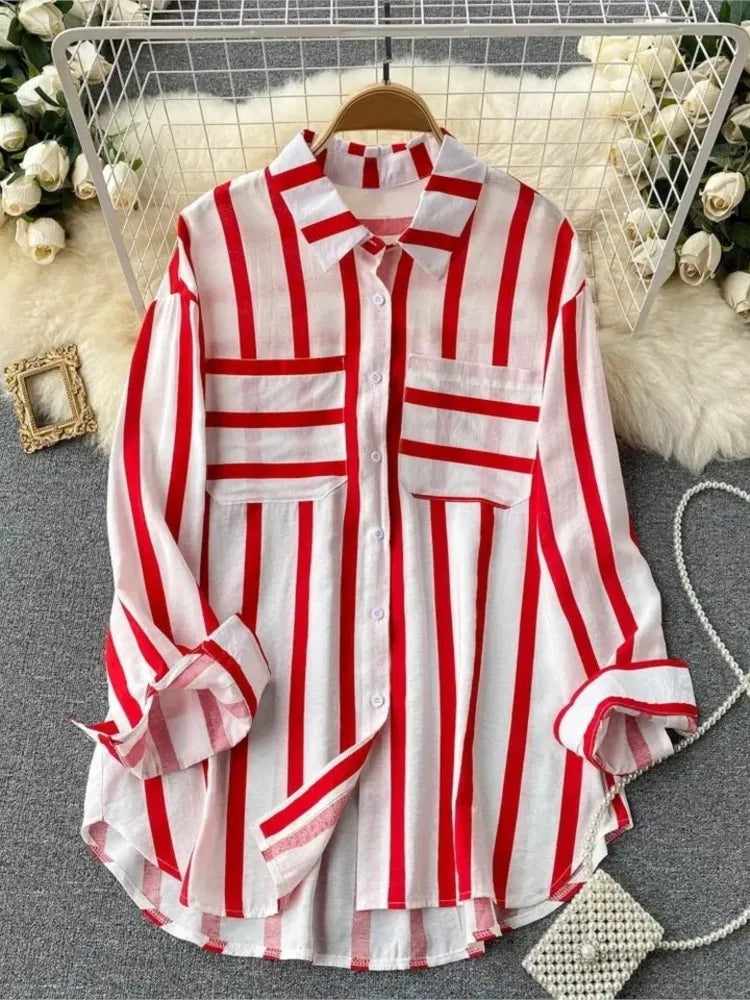 Spring Summer Striped Blouse Fashion Turn-down Collar Long Sleeve Button Top Casual Shirt Female Holiday Loose Tops Shirts New