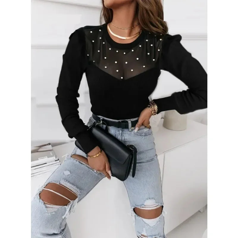 Autumn and Winter S-2XL Fashionable Casual Mesh Bead Splicing Long Sleeved Solid Color Women's Loose Top