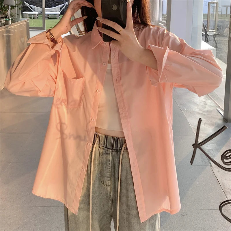 Beiyingni 2024 Spring Autumn Women Shirts White Plain Loose Oversized Blouses Female Tops Loose BF Korean Style Blusas Pockets