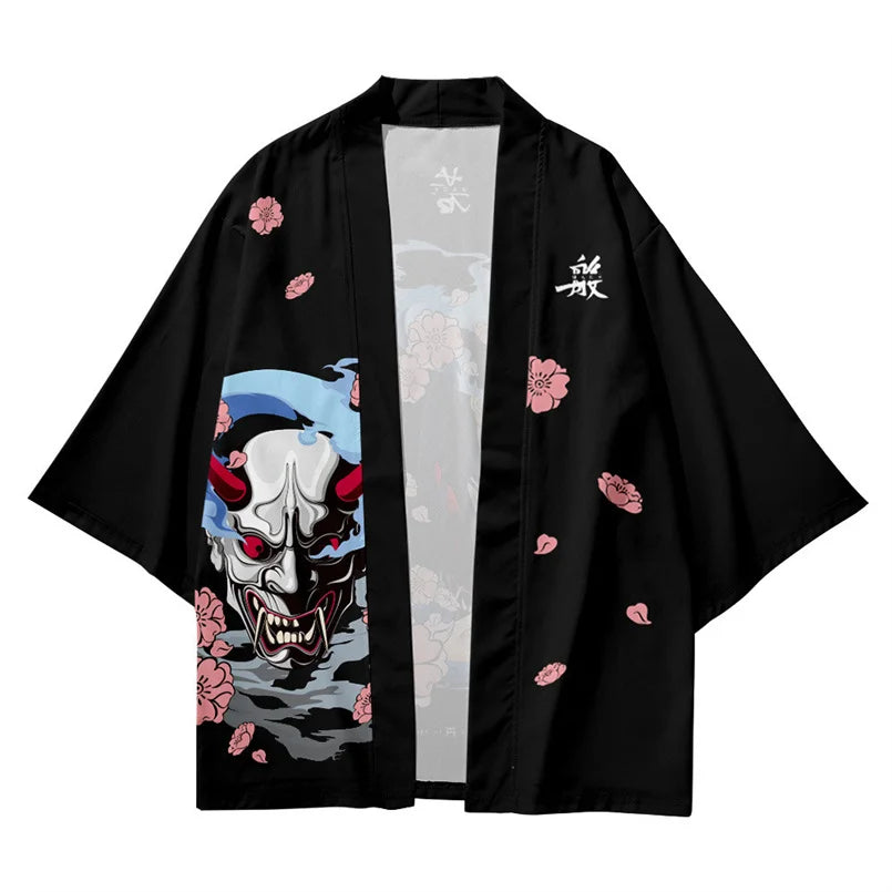 Harajuku Tops Robe Fashion Asian Clothes Anime Demon Print Kimono + Pants Japanese Streetwear Men Women Cardigan Cosplay Haori