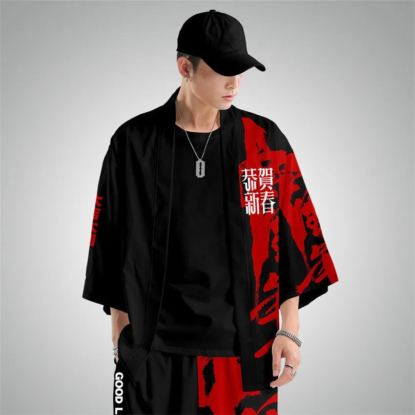 Harajuku Tops Robe Fashion Asian Clothes Anime Demon Print Kimono + Pants Japanese Streetwear Men Women Cardigan Cosplay Haori