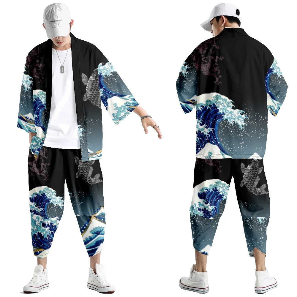 Harajuku Tops Robe Fashion Asian Clothes Anime Demon Print Kimono + Pants Japanese Streetwear Men Women Cardigan Cosplay Haori