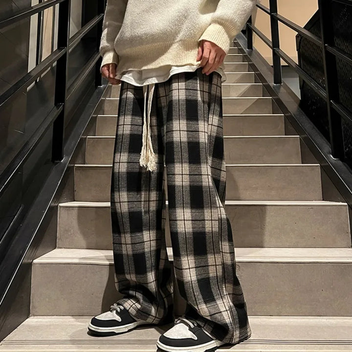 Men Winter Retro Plaid Wide Leg Trousers