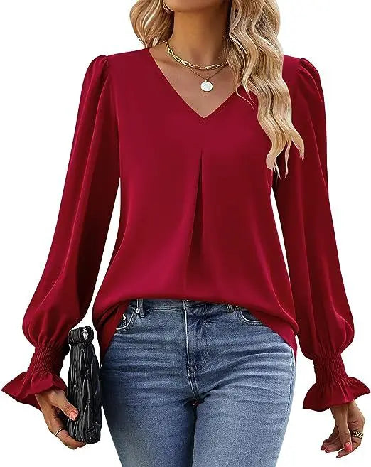 Women's New Solid Color Chiffon Shirt V-neck Pullover Flared Long Sleeved Top Shirt Office Lady Elegant Khaki Loose Blouses