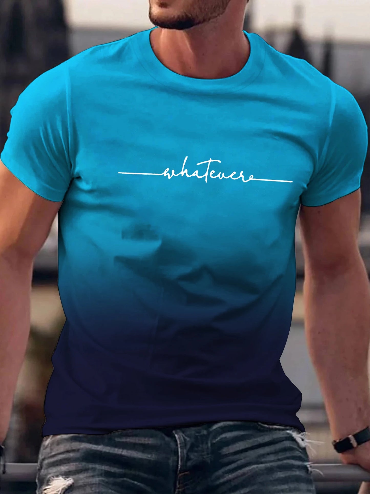 Summer Outing Whatever Print Gradient Crew Neck T-shirt For Men Trendy Casual Short Sleeve Top Men's Tee ropa de hombre