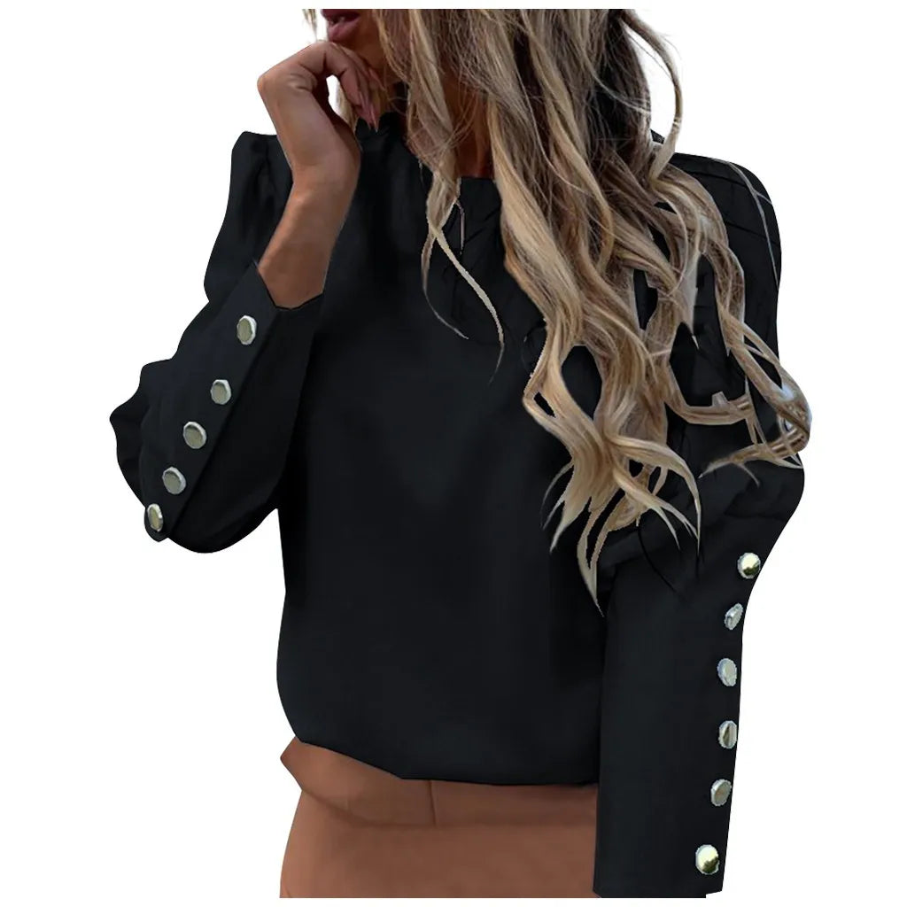 Fashion Women Metal Button Long Sleeve Shirts Ladies Casual O-Neck Solid Print Blouses 2024 Fall European All-Match Clothes