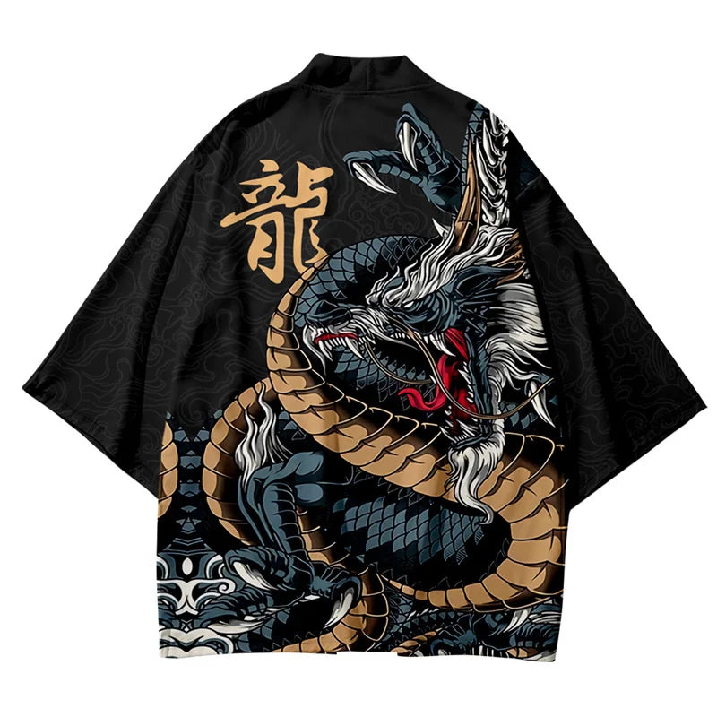 Harajuku Tops Robe Fashion Asian Clothes Anime Demon Print Kimono + Pants Japanese Streetwear Men Women Cardigan Cosplay Haori