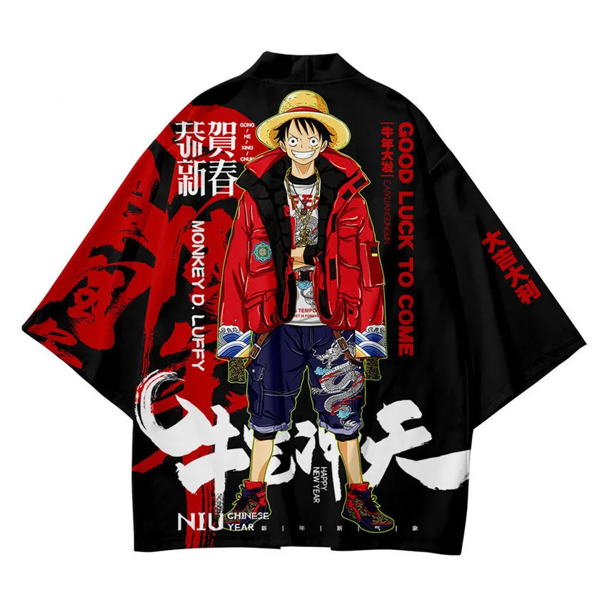 Harajuku Tops Robe Fashion Asian Clothes Anime Demon Print Kimono + Pants Japanese Streetwear Men Women Cardigan Cosplay Haori