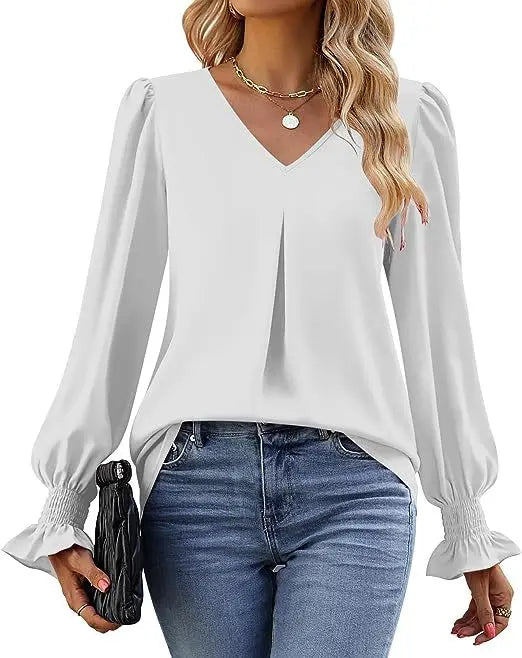 Women's New Solid Color Chiffon Shirt V-neck Pullover Flared Long Sleeved Top Shirt Office Lady Elegant Khaki Loose Blouses