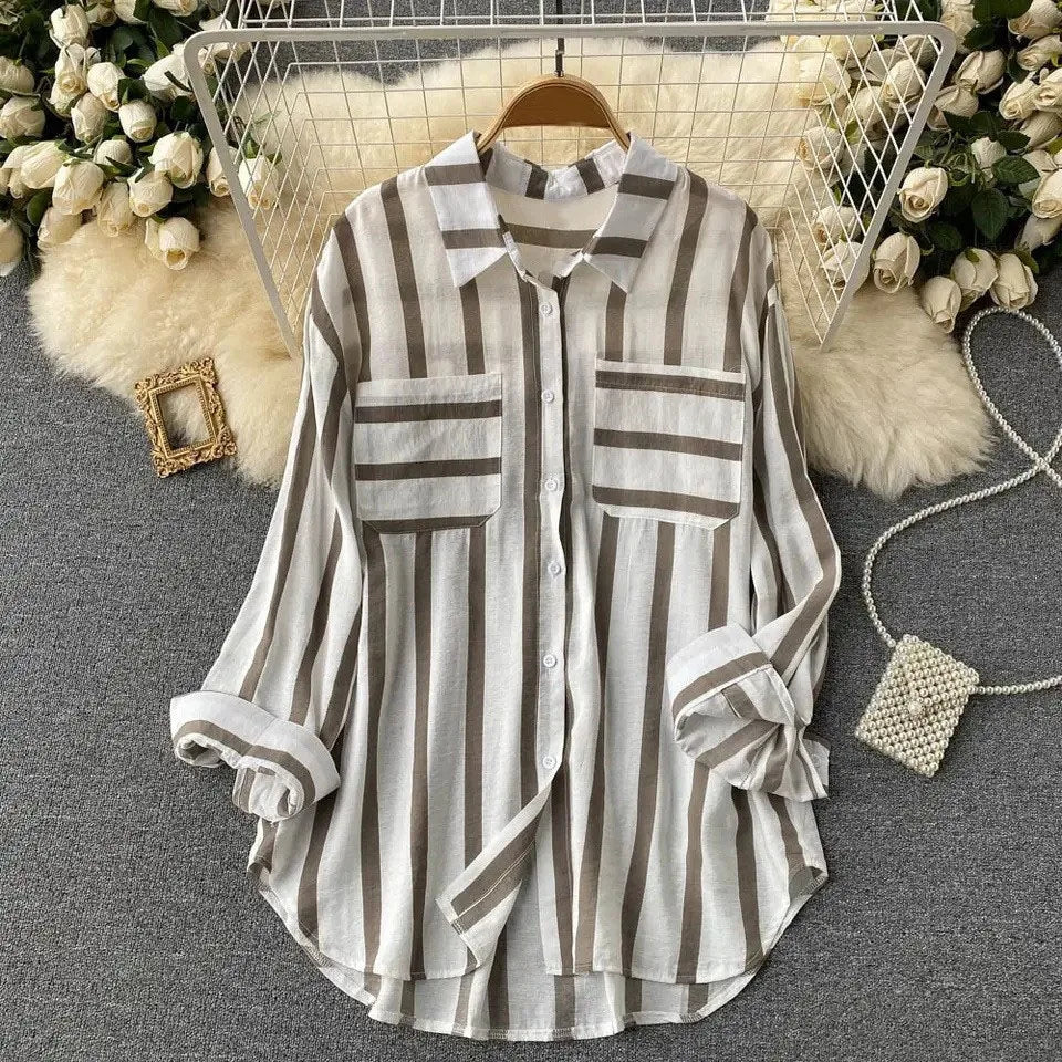 Spring Summer Striped Blouse Fashion Turn-down Collar Long Sleeve Button Top Casual Shirt Female Holiday Loose Tops Shirts New