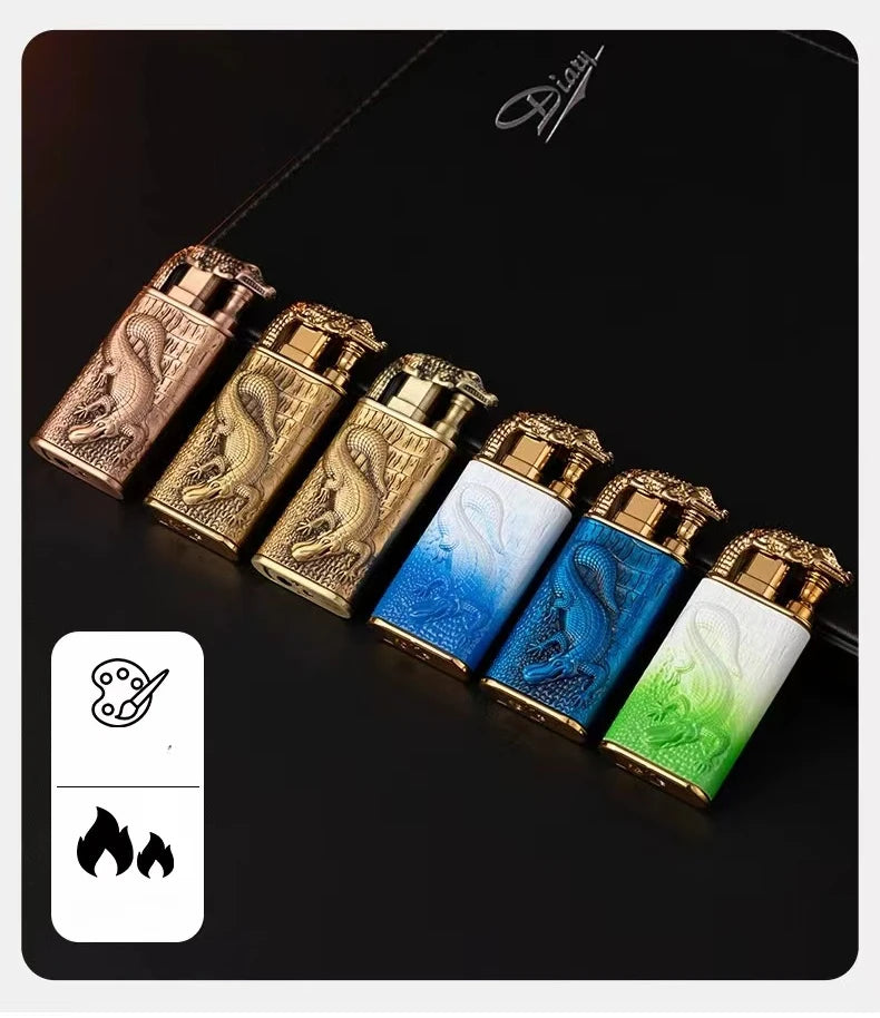 3D Embossed Dragon Crocodile Dual Fire Lighter Metal Windproof Jet Fire Open Flame Convertible Gas Lighter Smoking Men Gift