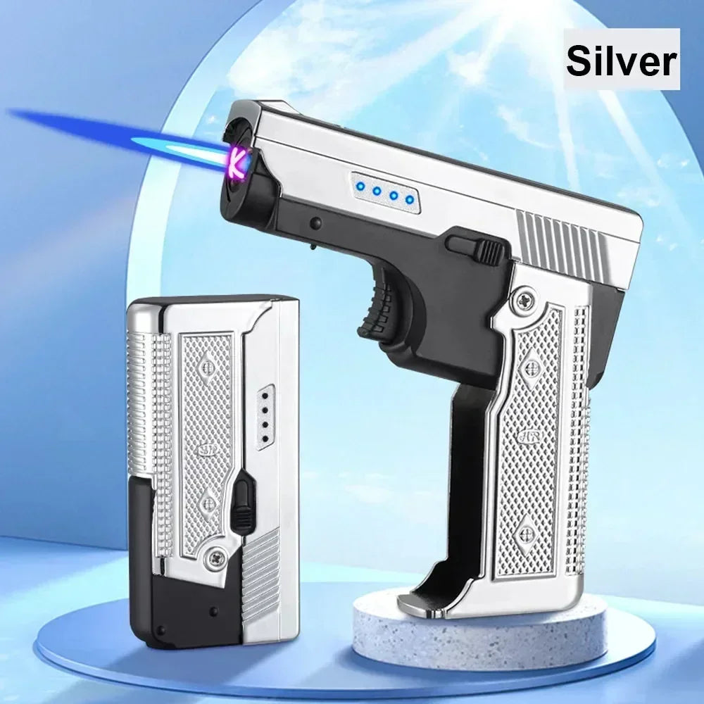 New Gas Electric Dual Flame Lighter Foldable Pistol Shaped Butane USB Lighter Cool Smoking Cigar Tool Birthday Gift