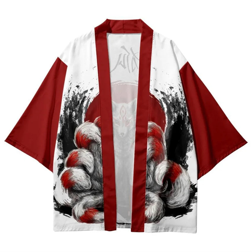 Harajuku Tops Robe Fashion Asian Clothes Anime Demon Print Kimono + Pants Japanese Streetwear Men Women Cardigan Cosplay Haori